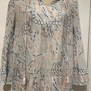 Sharagano Off White and Blue Paisley Flutter Sleeve Tie Front Blouse